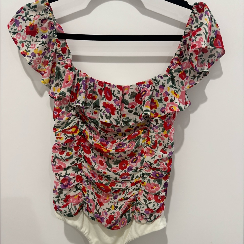 Astr Floral Puff Sleeve Bodysuit with Ruffled Ruched